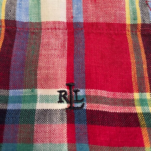 Lauren Ralph Lauren Shirt Women Sz Large 100% Linen Red Plaid Button Up Roll Tab - Picture 3 of 16